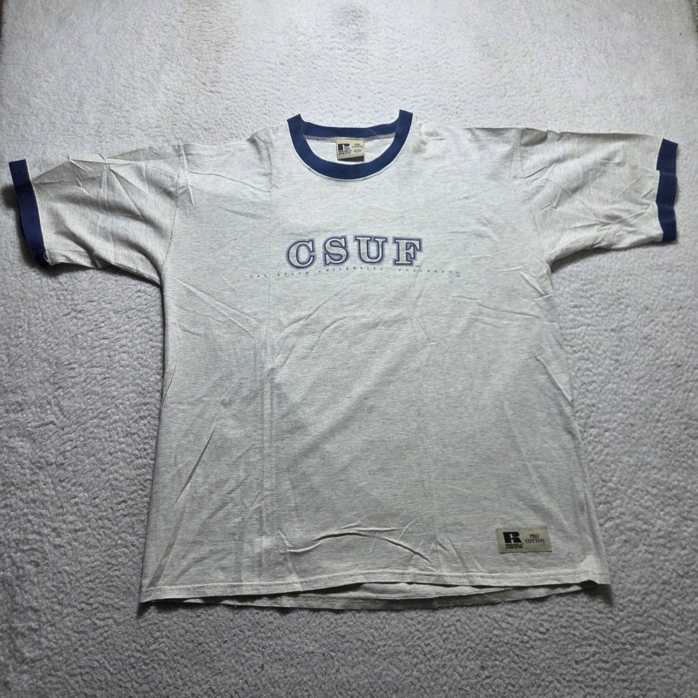 Vintage 90s Russell Athletic CSUF T Shirt Mens XL Gray Ringer Pro Cotton USA